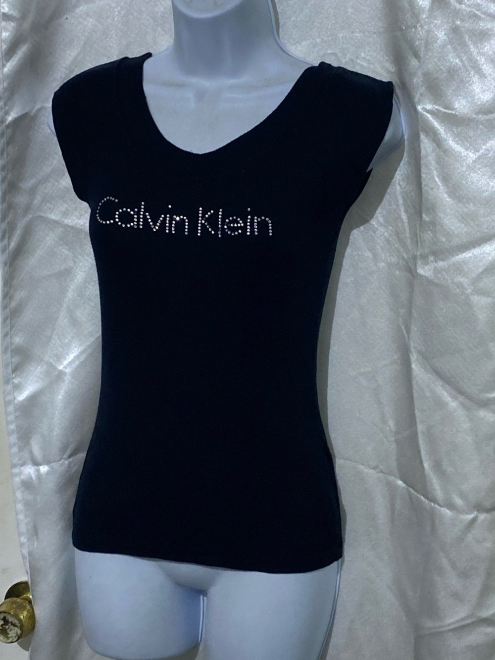 Y2K Calvin Klein Women's Black Logo Studded Cap Sleeve Tee